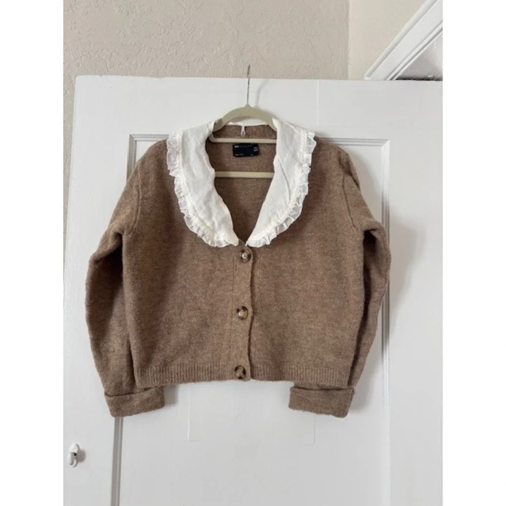 ASOS DESIGN Womens Brown Knit Cardigan Ruffle Collar‎ Sweater Oversized XS - Picture 15 of 15